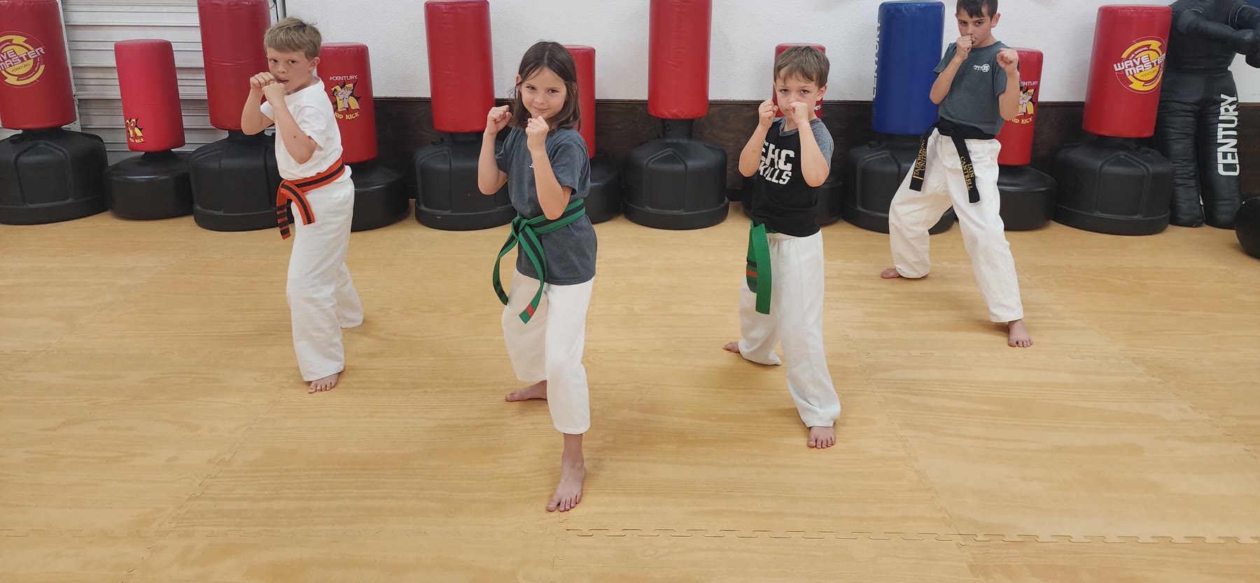 Juniors students in fighting stance under the tenet banners at Bares Taekwondo Fitness in Tyler, TX